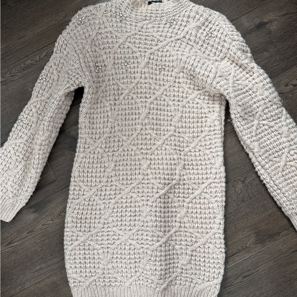 Express Textured Knit Embellished Sweater Dress - Cream